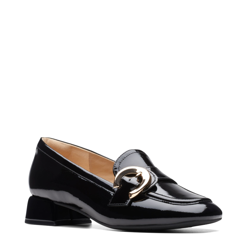 Clarks Women's Daiss30 Trim Heeled Leather Loafer in Black Patent