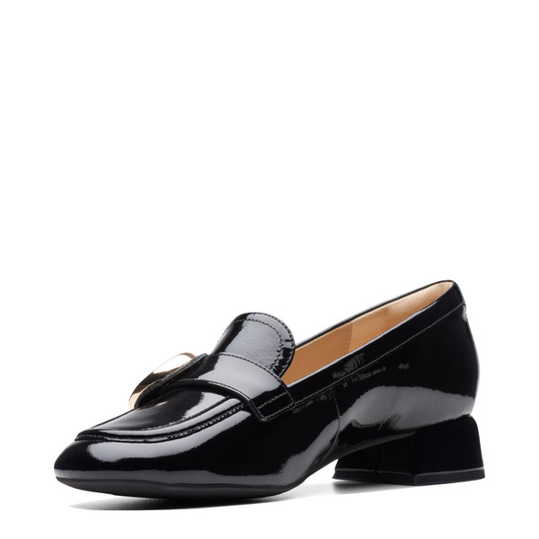 Clarks Women's Daiss30 Trim Heeled Leather Loafer in Black Patent