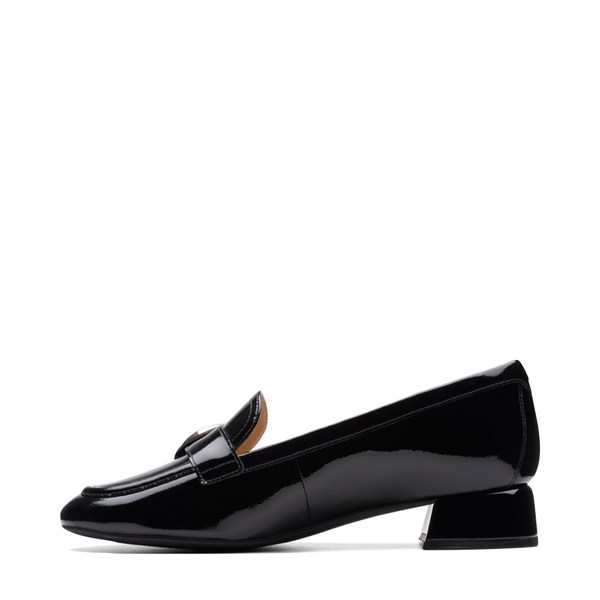 Clarks Women's Daiss30 Trim Heeled Leather Loafer in Black Patent