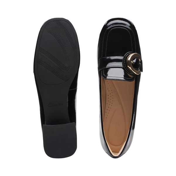 Clarks Women's Daiss30 Trim Heeled Leather Loafer in Black Patent