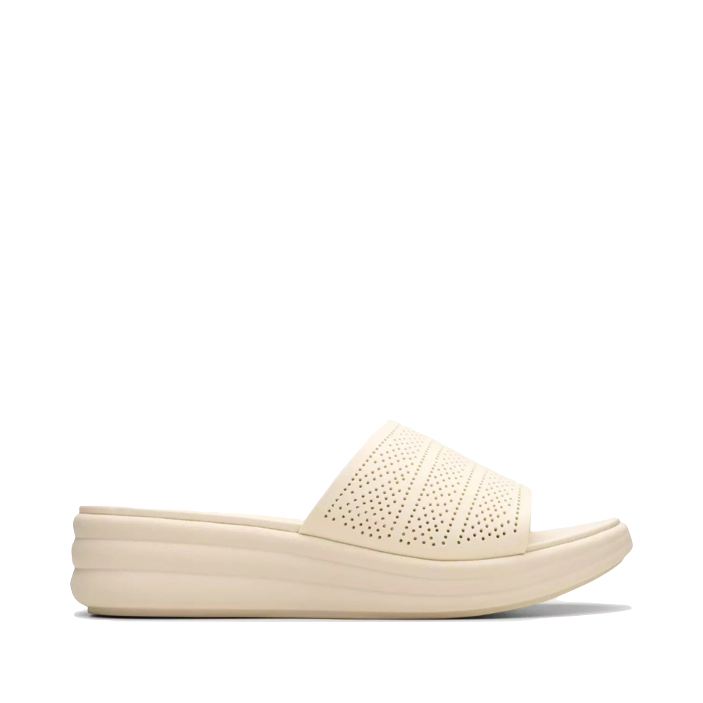 Side (right) view of Clarks Drift Twist Wedge Flip Sandal for women.