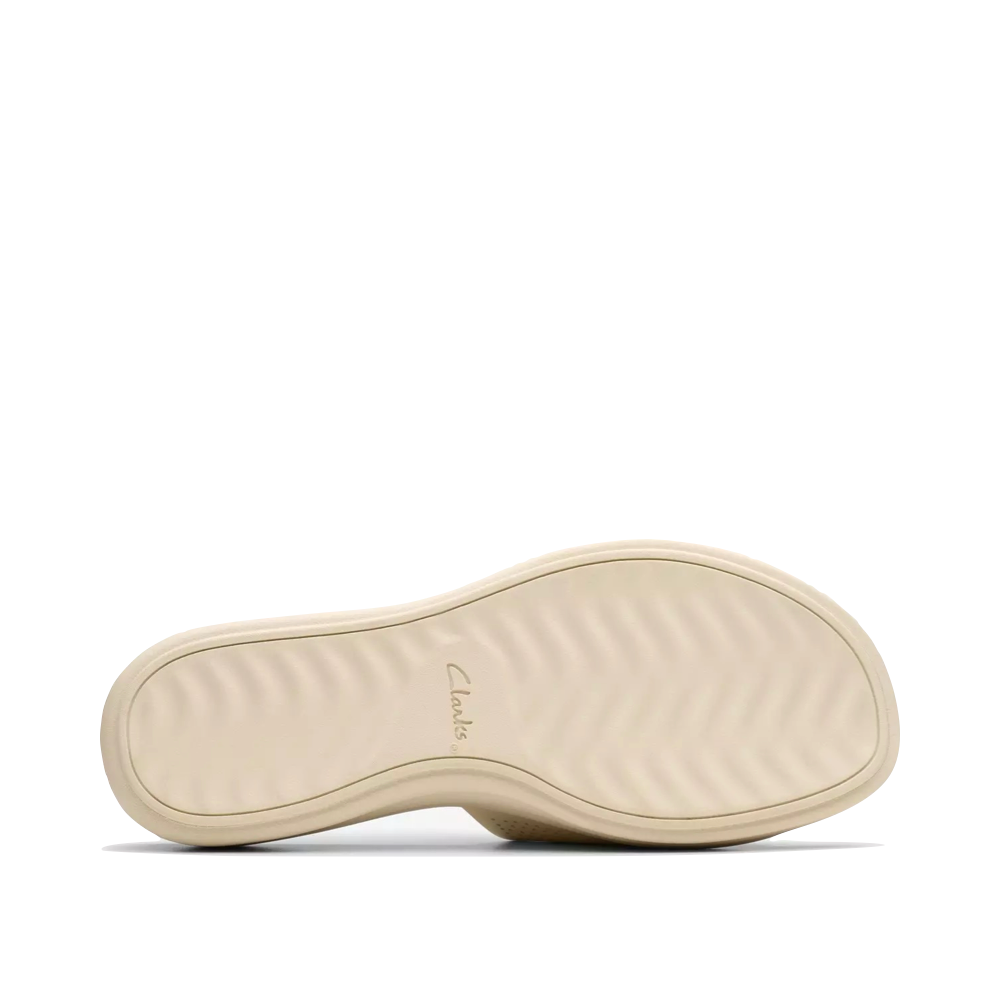 Bottom view of Clarks Drift Twist Wedge Flip Sandal for women.