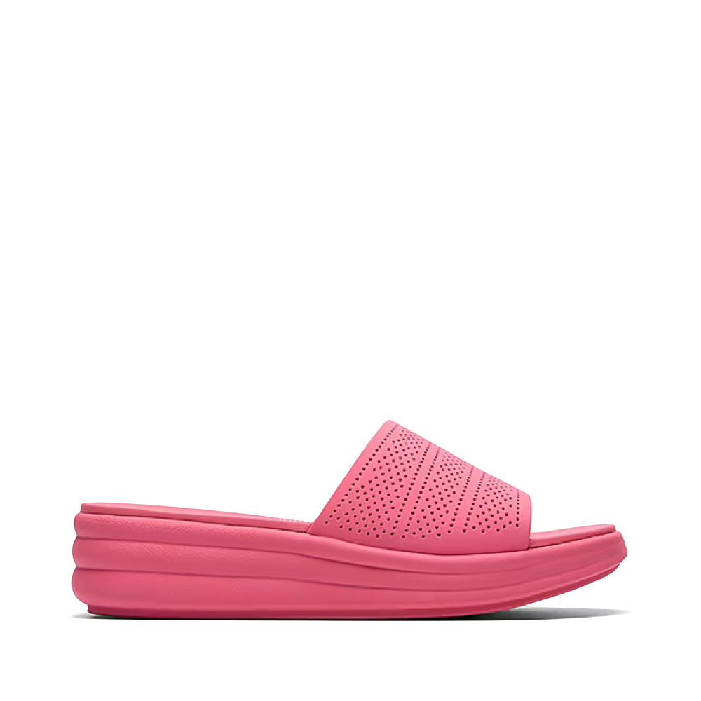 Side (right) view of Clarks Drift Twist Wedge Flip Sandal for women.