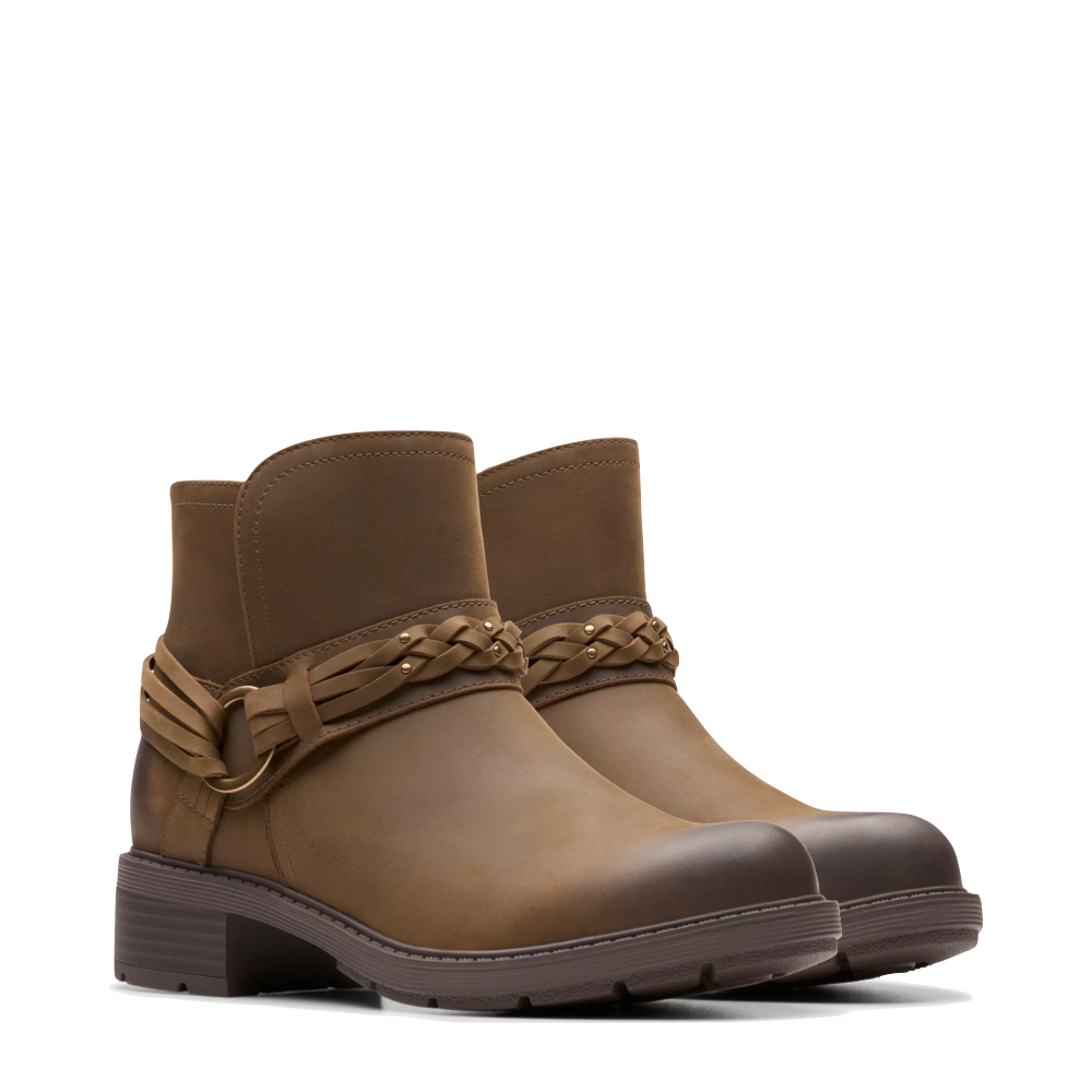Mudguard and Toe view of Clarks Hearth Kaylie Oiled Leather Ankle Boot for women.