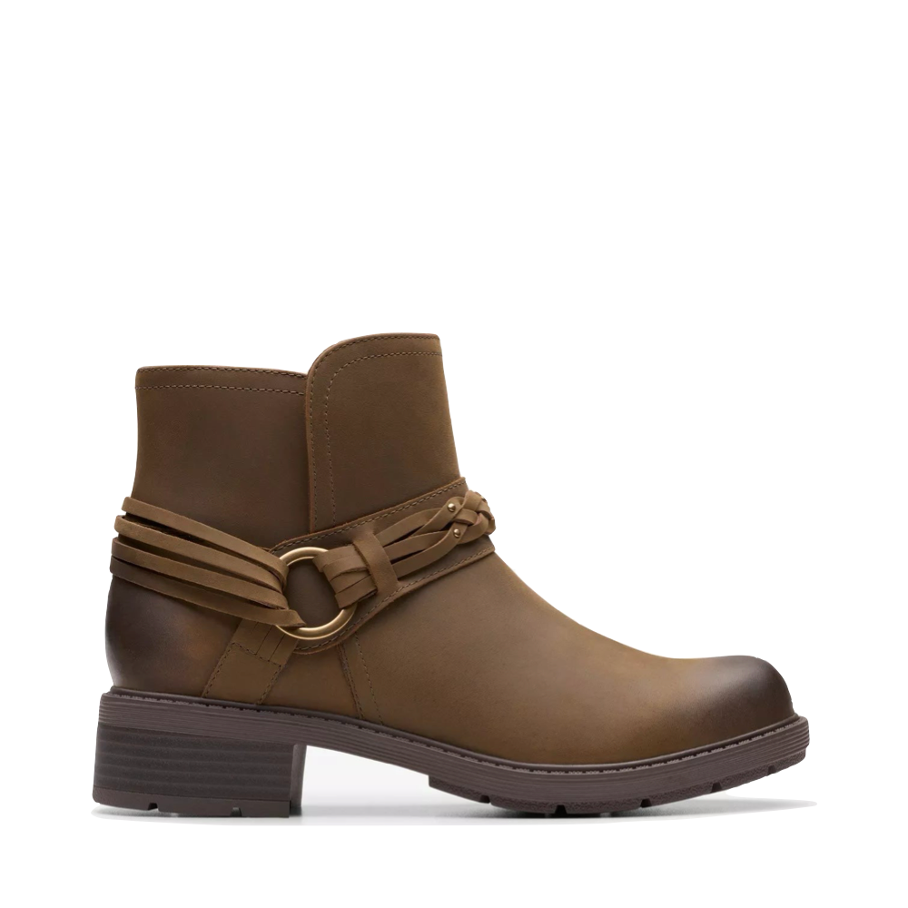 Side (right) view of Clarks Hearth Kaylie Oiled Leather Ankle Boot for women.
