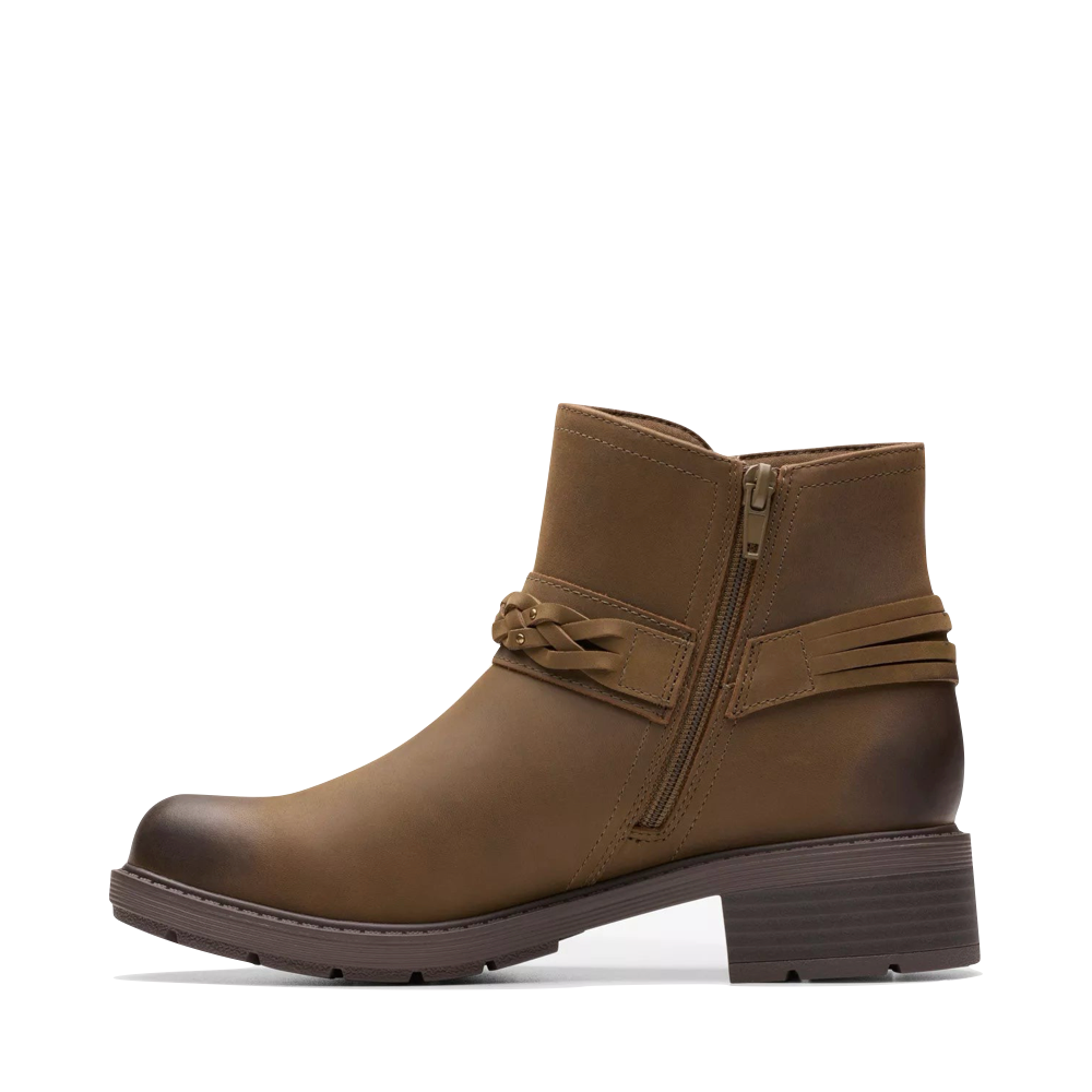 Side (left) view of Clarks Hearth Kaylie Oiled Leather Ankle Boot for women.