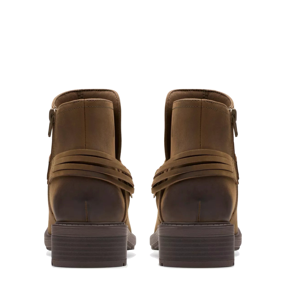 Back view of Clarks Hearth Kaylie Oiled Leather Ankle Boot for women.