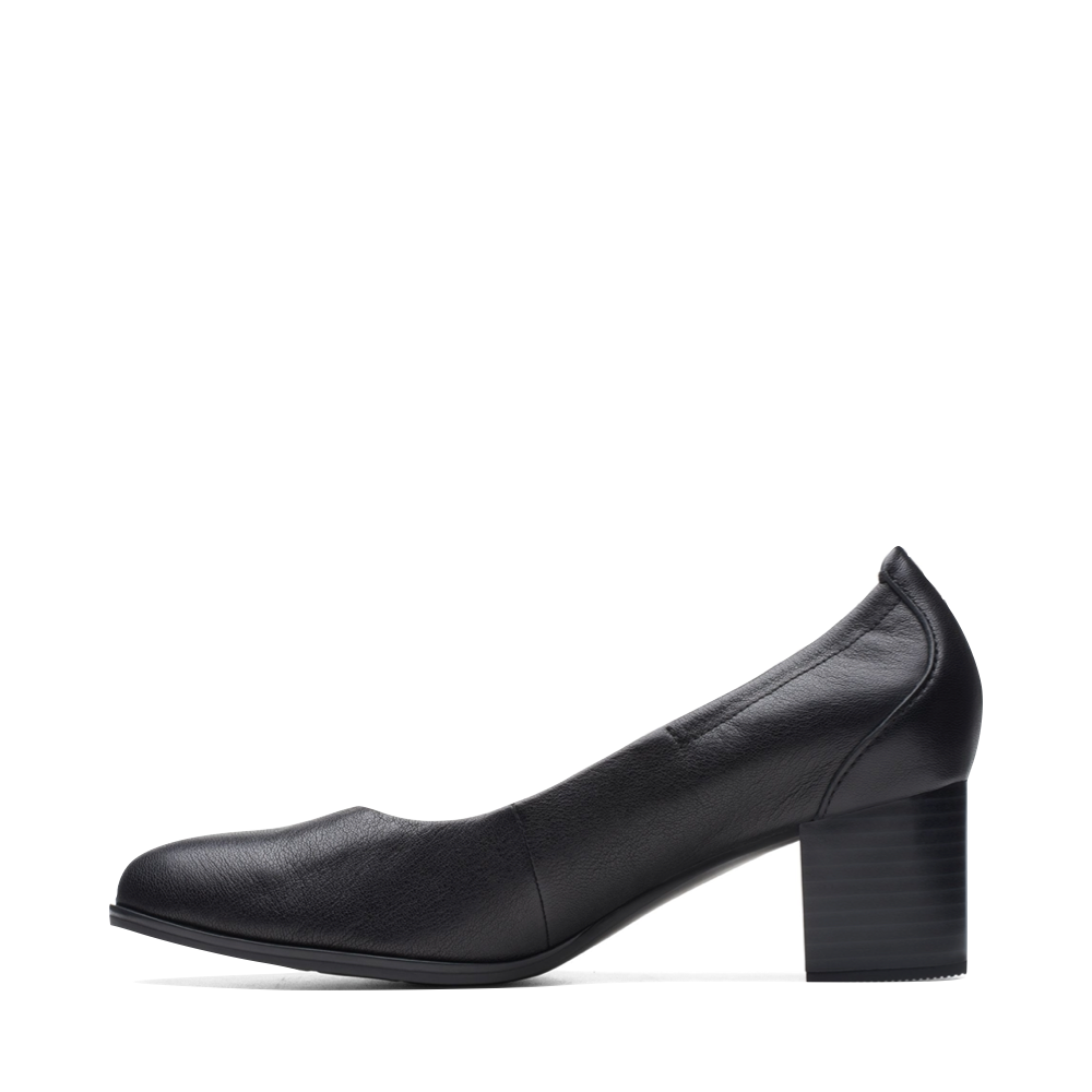 Side (left) view of Clarks Loken Step Leather Heeled Pump for women.