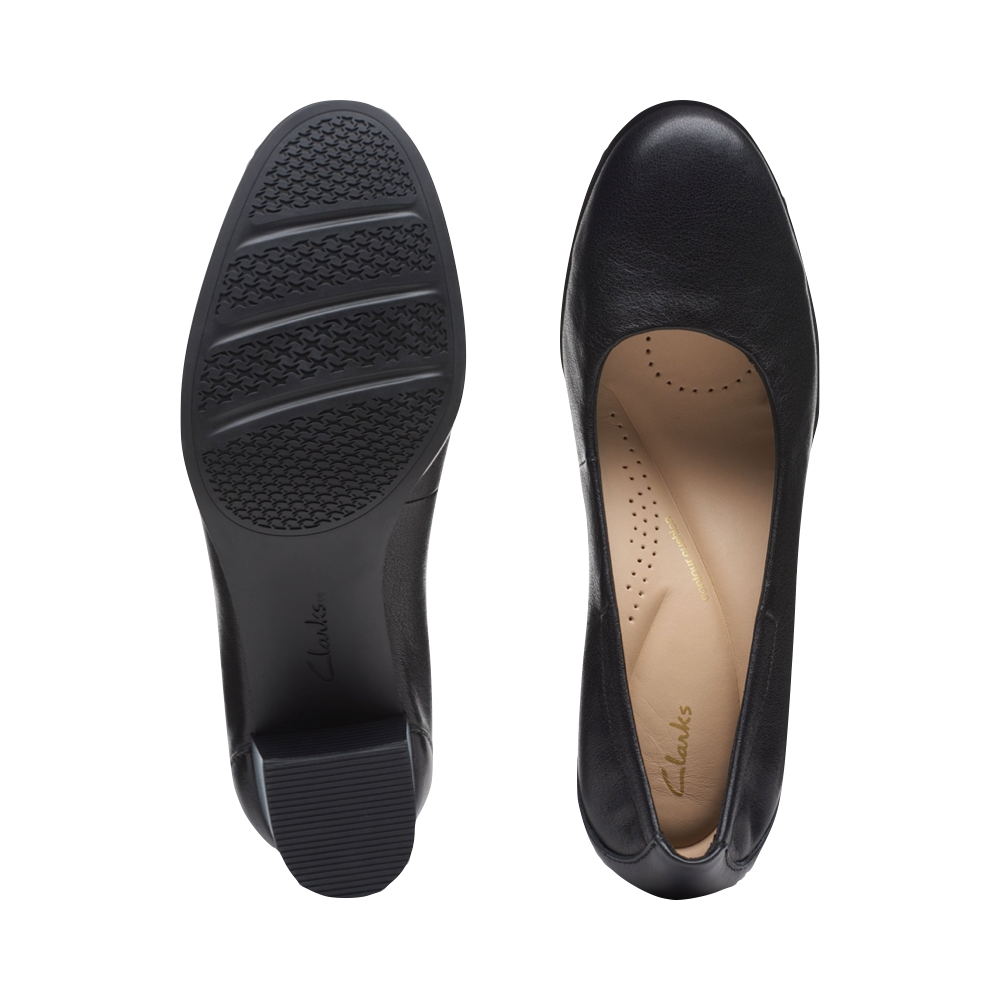Top-down and bottom view of Clarks Loken Step Leather Heeled Pump for women.