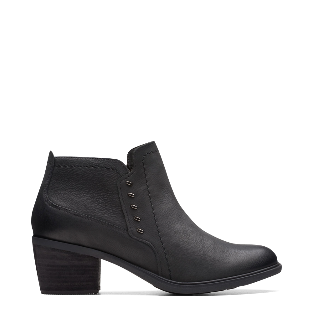 Side (right) view of Clarks Neva Lo Side Zip Ankle Boot for women.