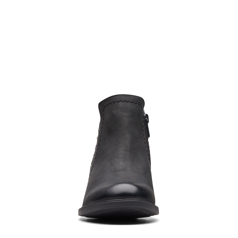 Front view of Clarks Neva Lo Side Zip Ankle Boot for women.