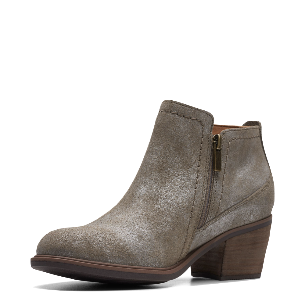 Reverse Toe view of Clarks Neva Lo Side Zip Ankle Boot for women.