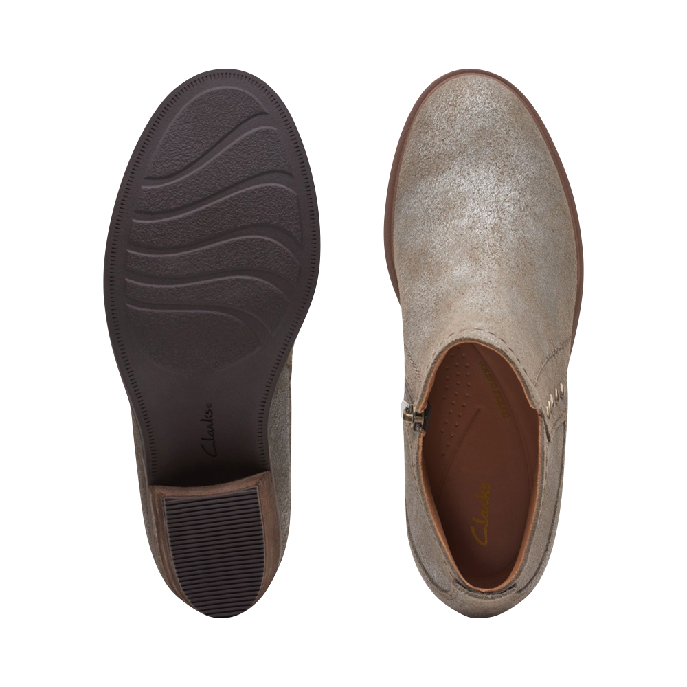 Top-down and bottom view of Clarks Neva Lo Side Zip Ankle Boot for women. Edit alt text