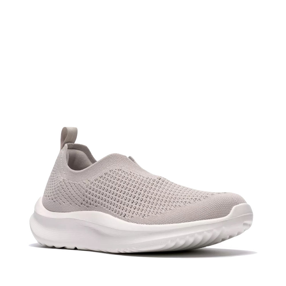 Mudguard and Toe view of Clarks Solevana Knit Slip On Sneaker for women.
