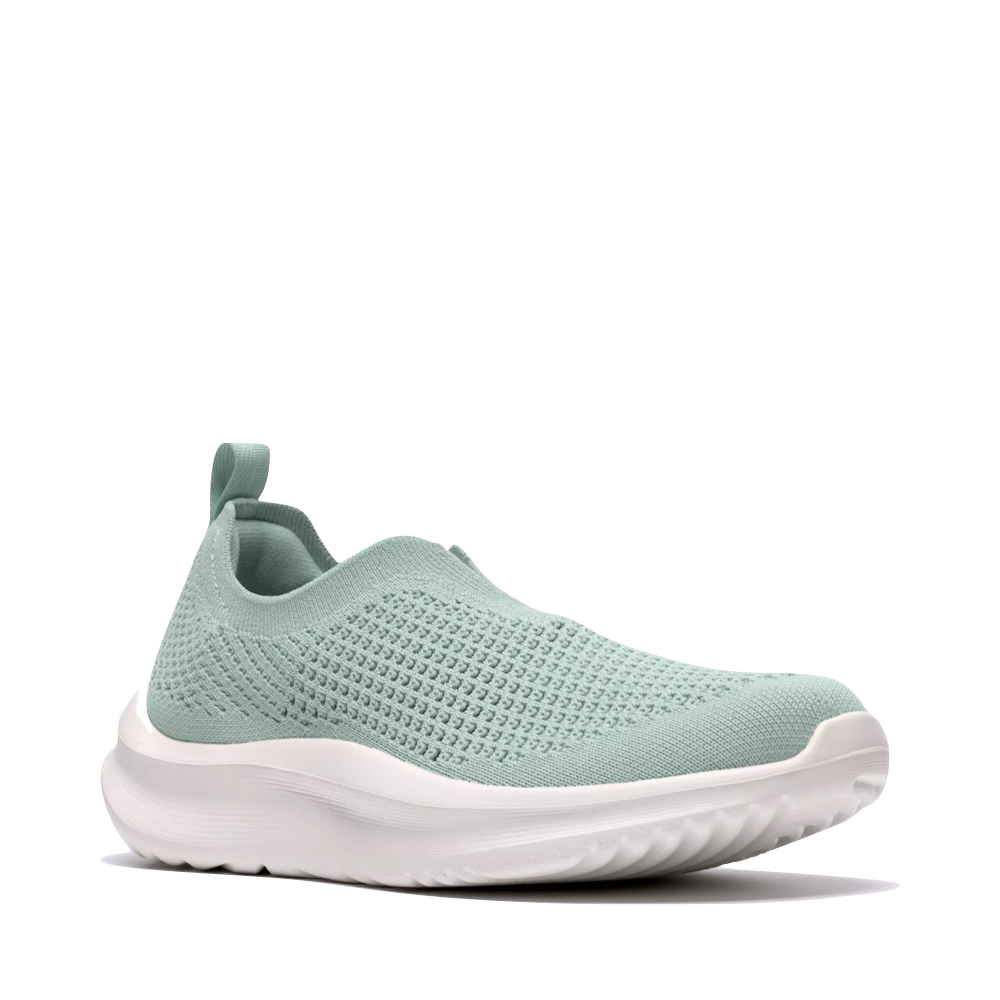 Mudguard and Toe view of Clarks Solevana Knit Slip On Sneaker for women.