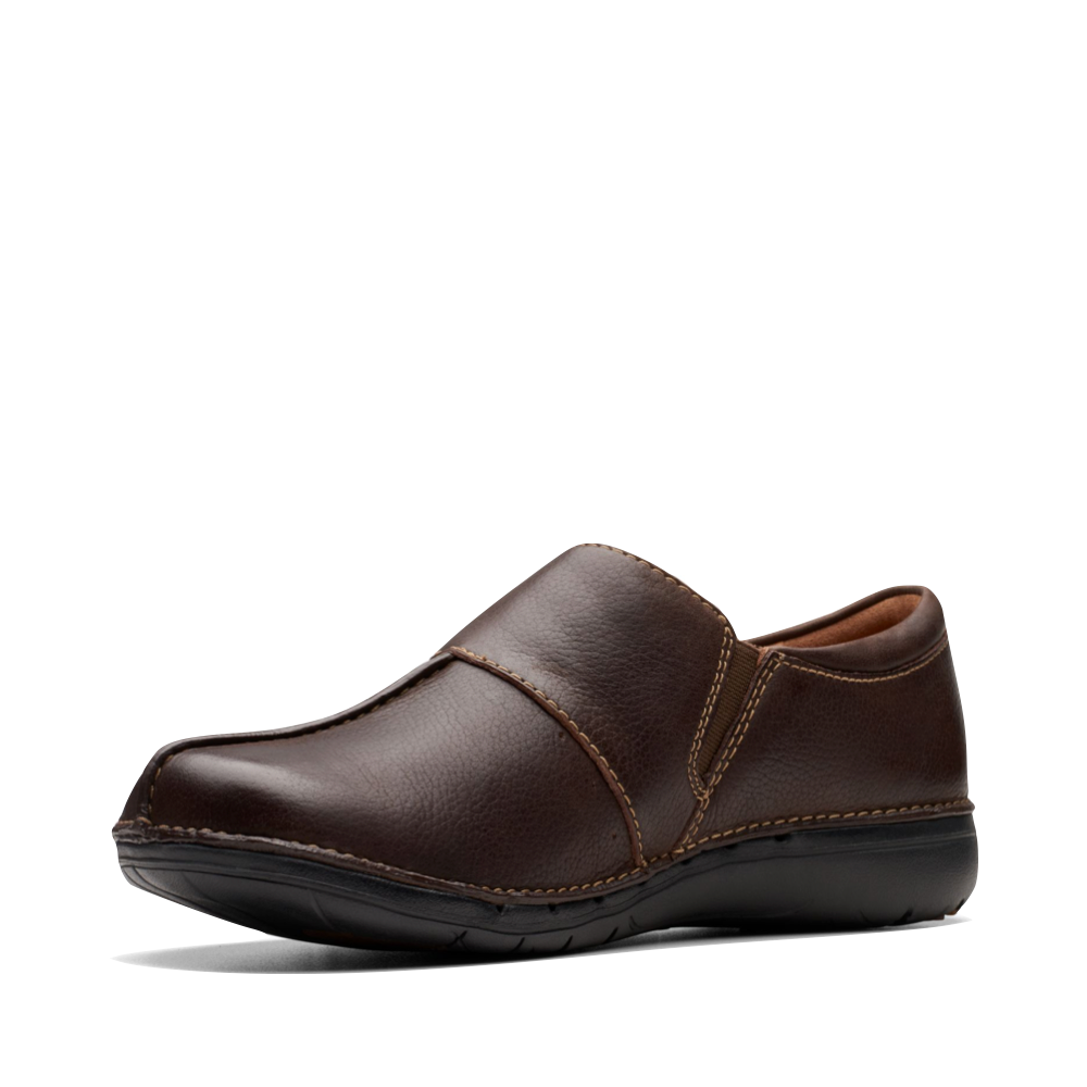 Reverse Toe view of Clarks Un Loop Ave Smooth Leather Slip On for women.