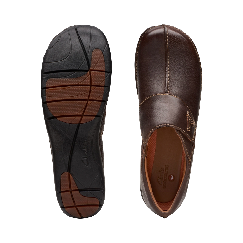 Top-down and bottom view of Clarks Un Loop Ave Smooth Leather Slip On for women.