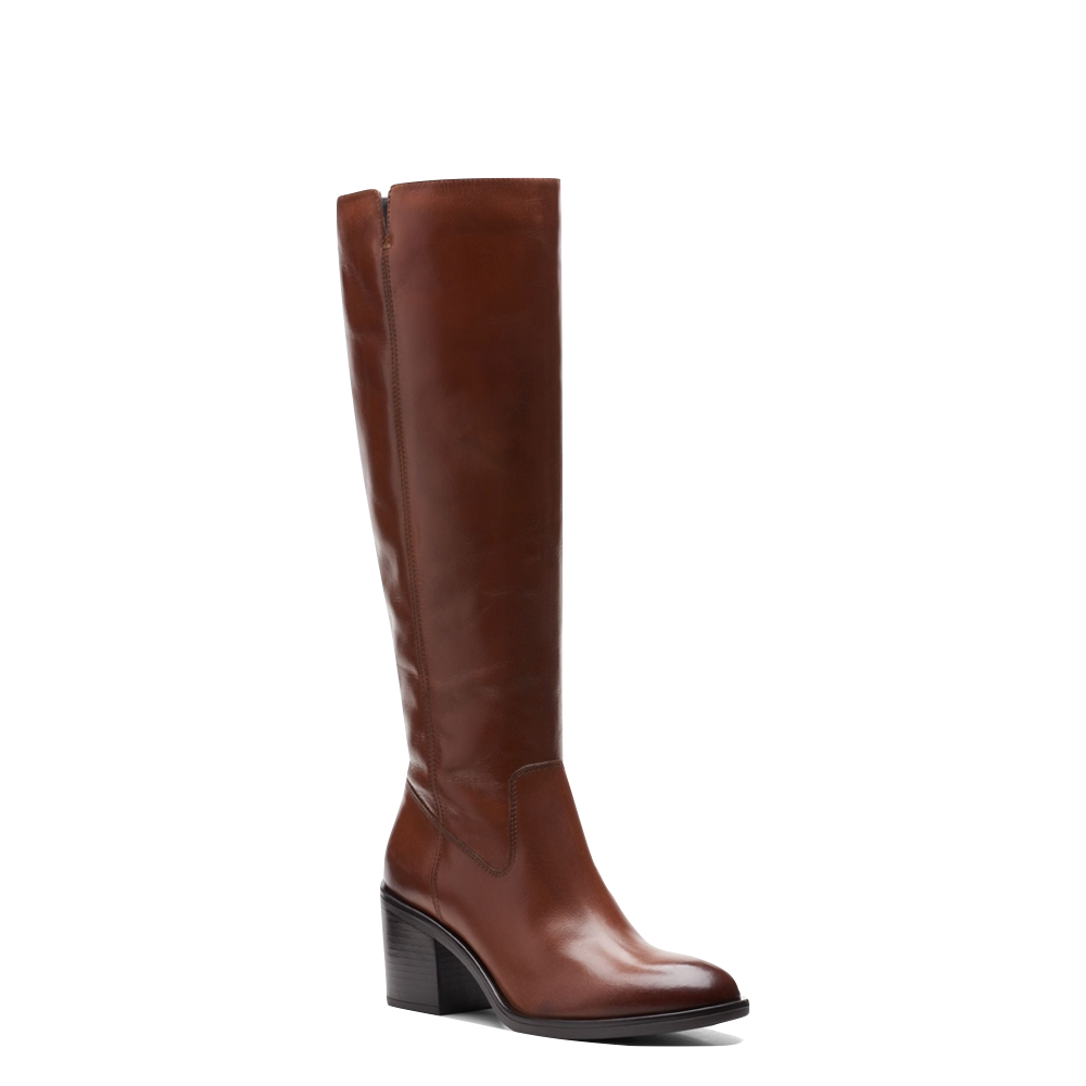 Clarks Women's Valvestino Hi Side Zip Tall Heeled Leather Boot in Dark Tan