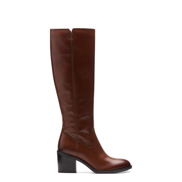 Clarks Women's Valvestino Hi Side Zip Tall Heeled Leather Boot in Dark Tan