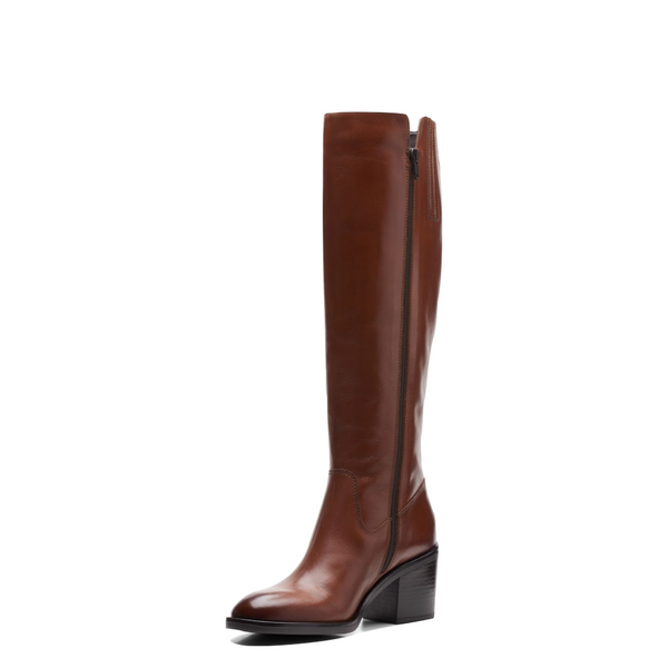 Clarks Women's Valvestino Hi Side Zip Tall Heeled Leather Boot in Dark Tan
