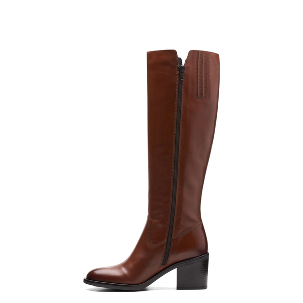 Clarks Women's Valvestino Hi Side Zip Tall Heeled Leather Boot in Dark Tan