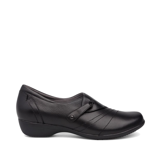 Side (right) view of Dansko Franny Leather Slip On Heeled Shoes for women.