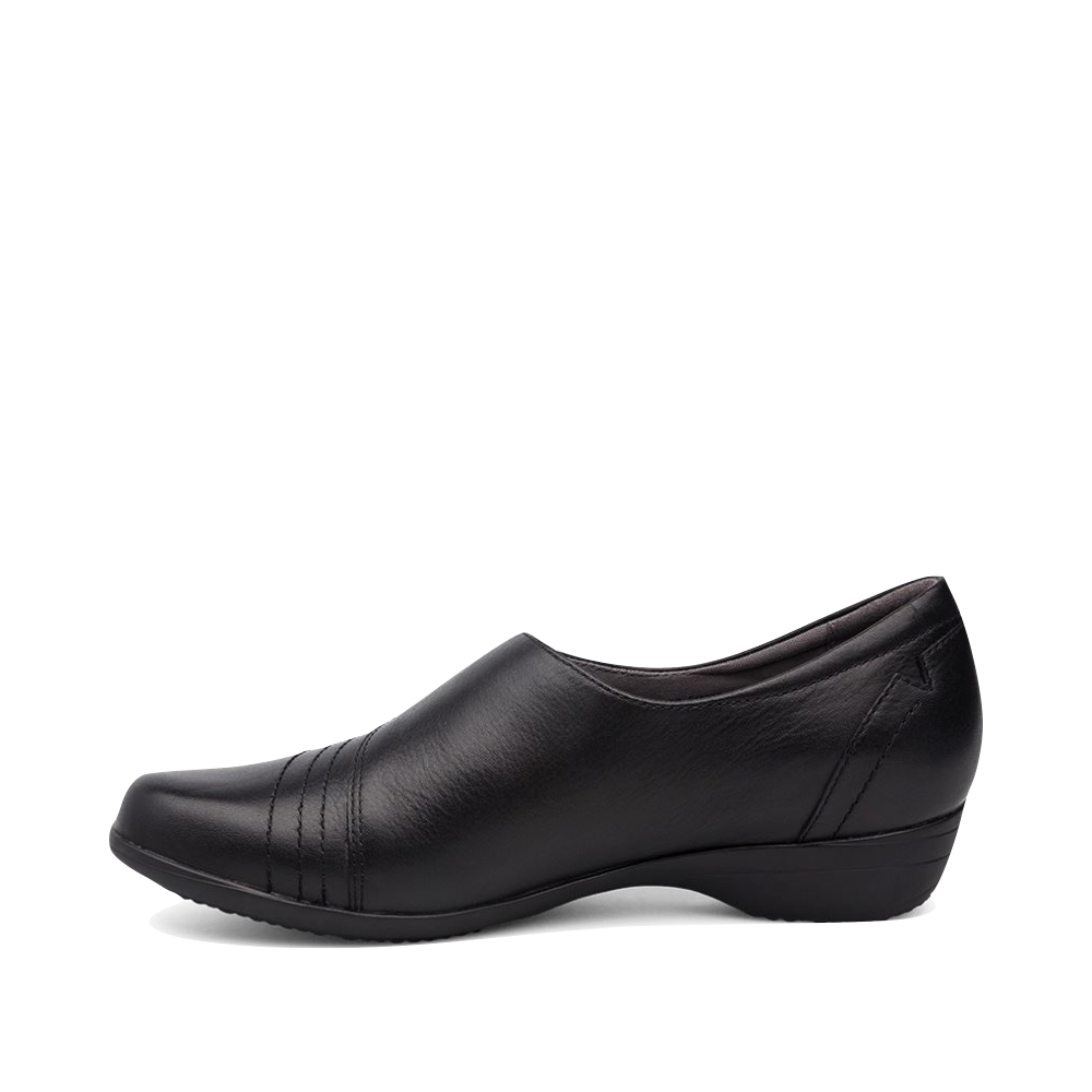 Side (left) view of Dansko Franny Leather Slip On Heeled Shoes for women.