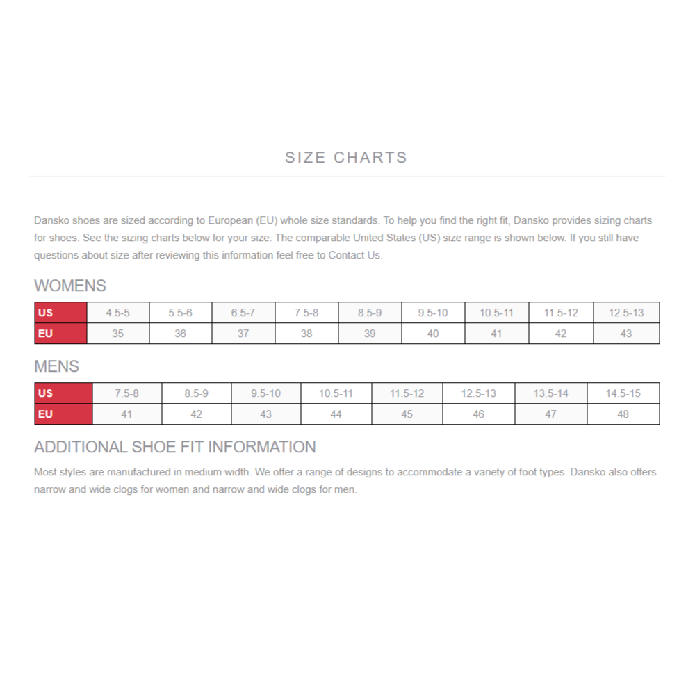 Dansko sizing chart.