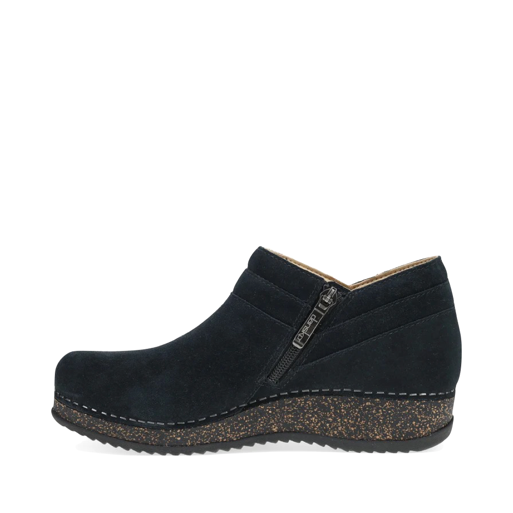 Side (left) view of Dansko Muriel Side Zip Suede Shootie for women.
