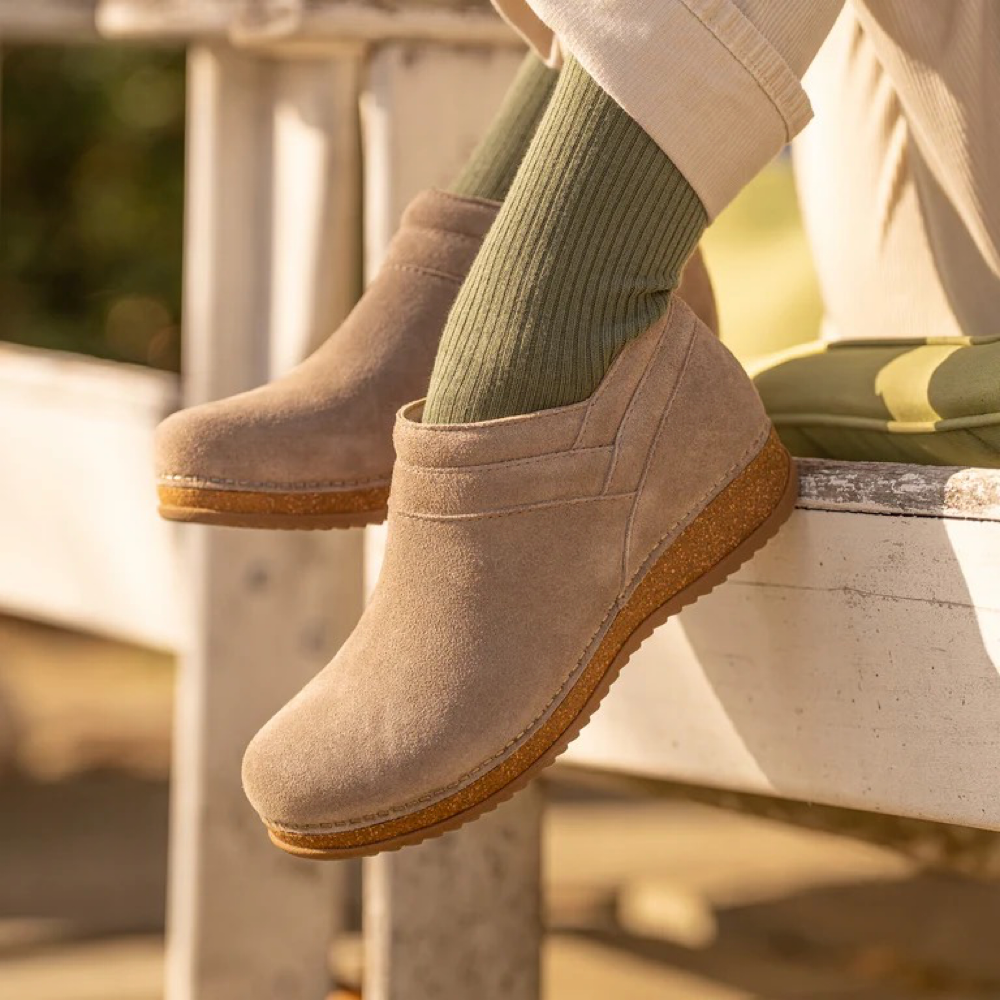 Model view of Dansko Muriel Side Zip Suede Shootie for women.