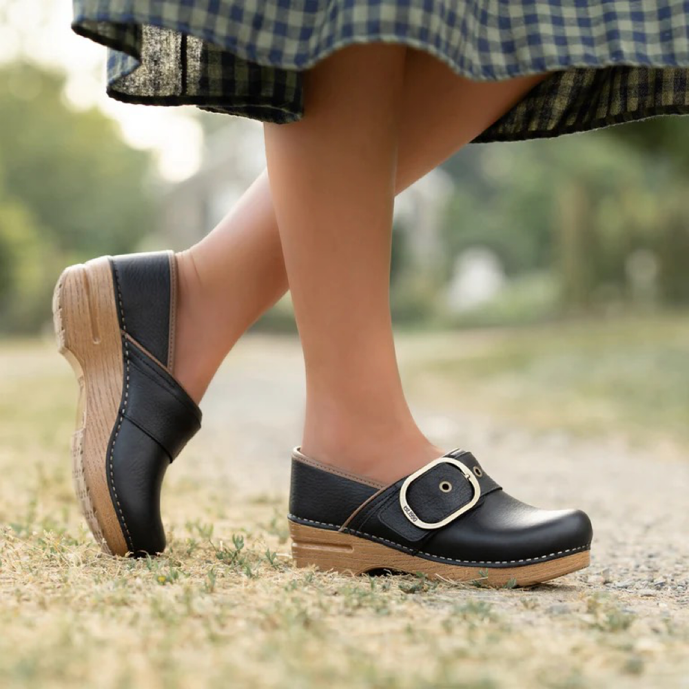 Model view of Dansko Pearson Buckle Clog for women.