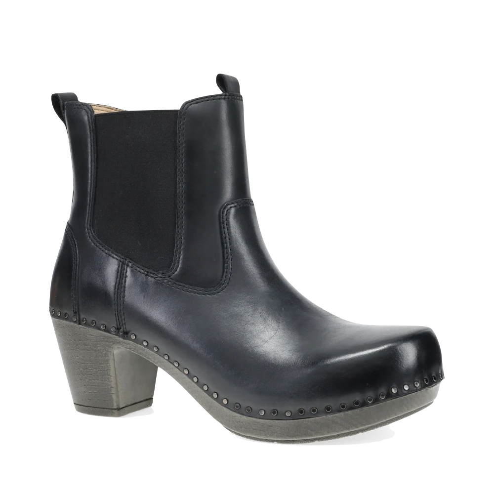 Mudguard and Toe view of Dansko Shayna Heeled Side Zip Leather Boot for women.