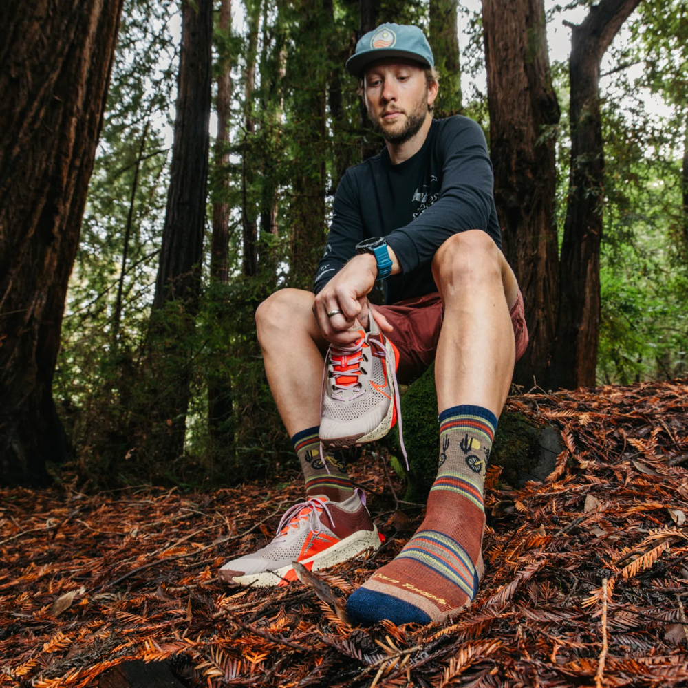 Model view of Darn Tough Willoughby Micro Crew Lightweight Hiking Socks for men.