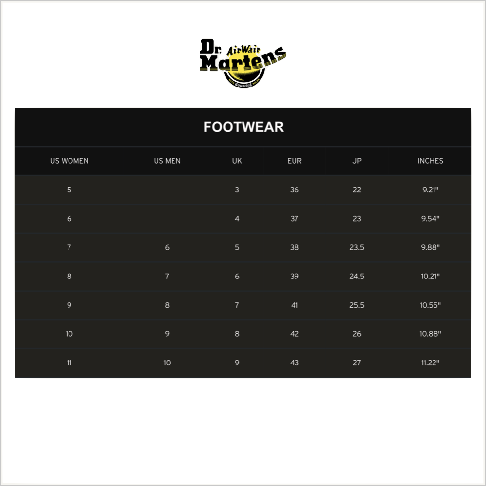 Dr martens women's 2025 shoe size chart
