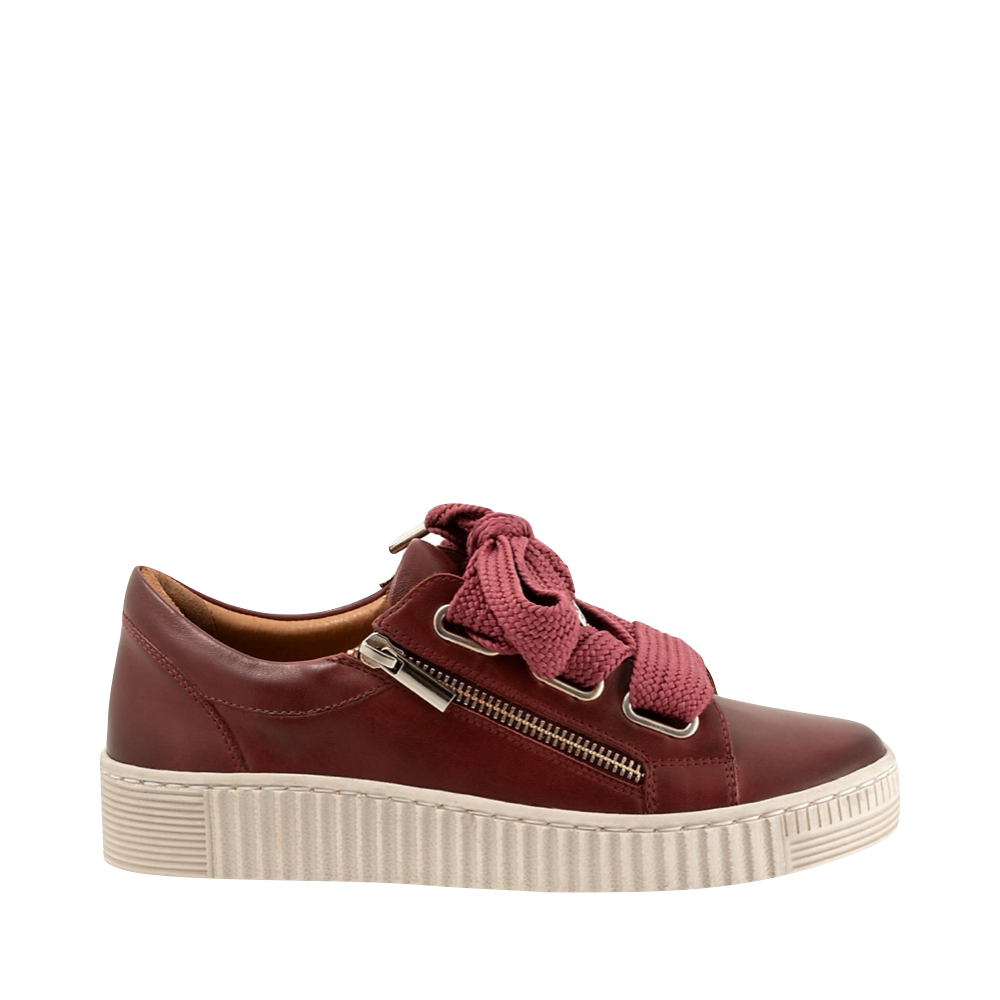 Side (right) view of EOS Footwear Jovi Leather Side Zip Lace Sneaker for women.