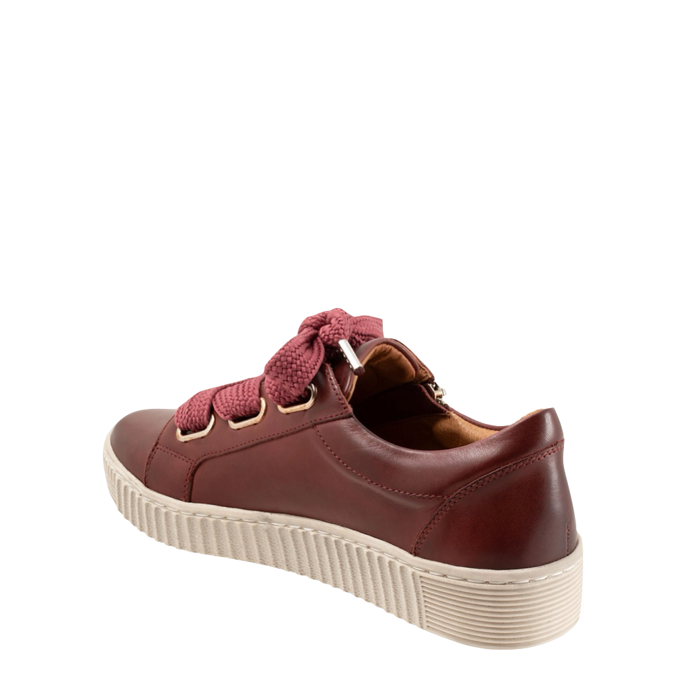 Heel view of EOS Footwear Jovi Leather Side Zip Lace Sneaker for women.