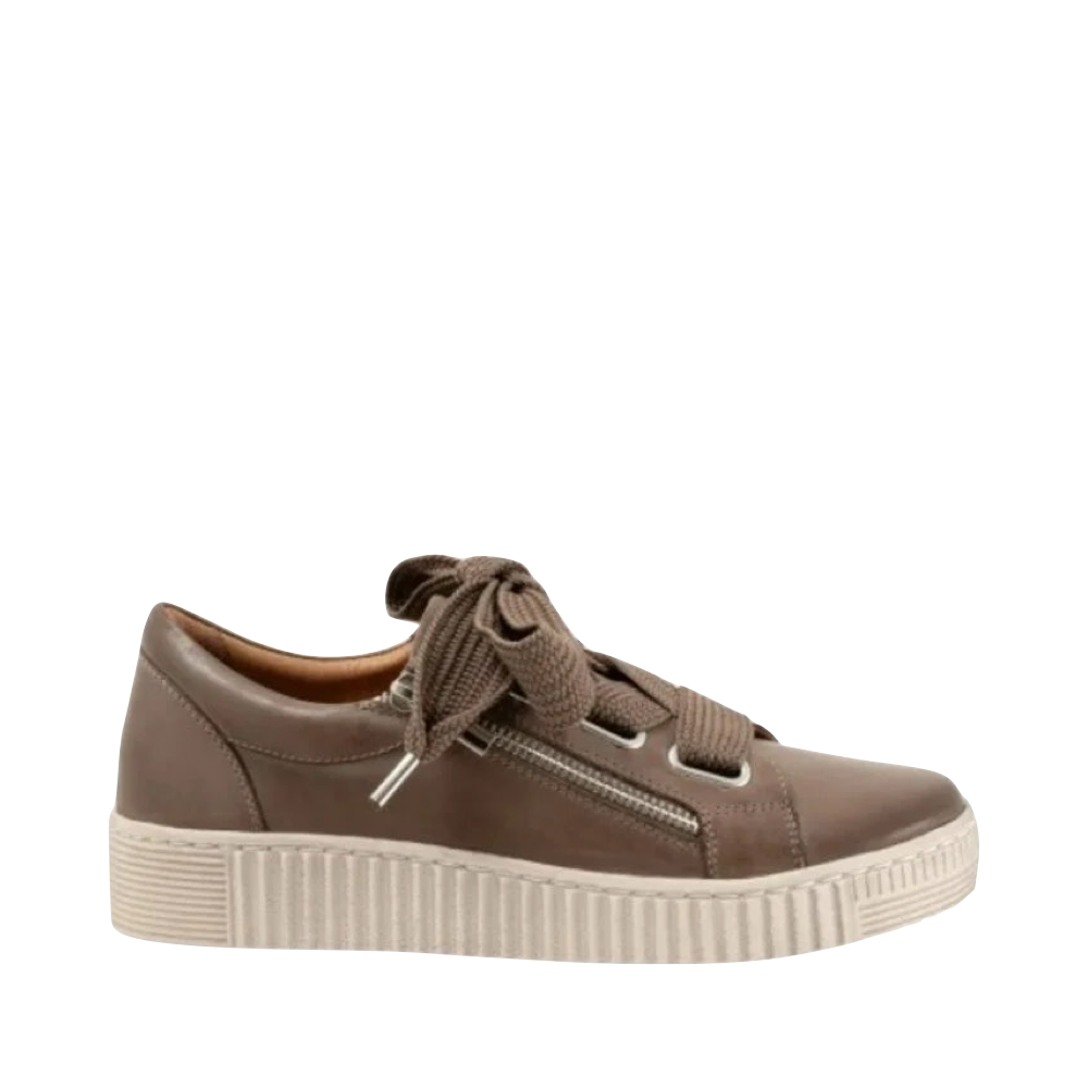 Side (right) view of EOS Footwear Jovi Leather Side Zip Lace Sneaker for women.