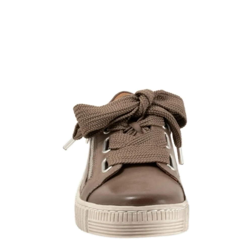 Front view of EOS Footwear Jovi Leather Side Zip Lace Sneaker for women.