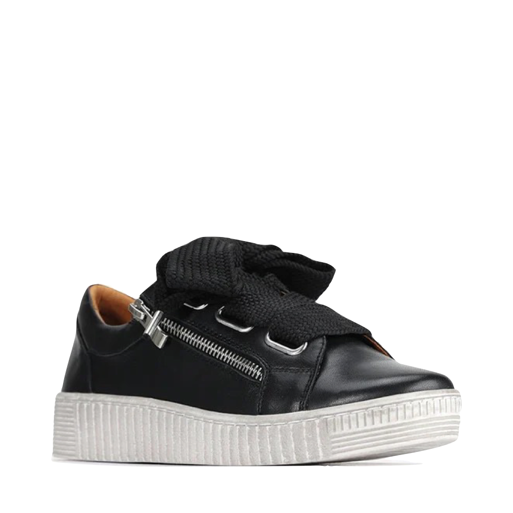Mudguard and Toe view of EOS Footwear Jovi Leather Tie Sneaker for women.