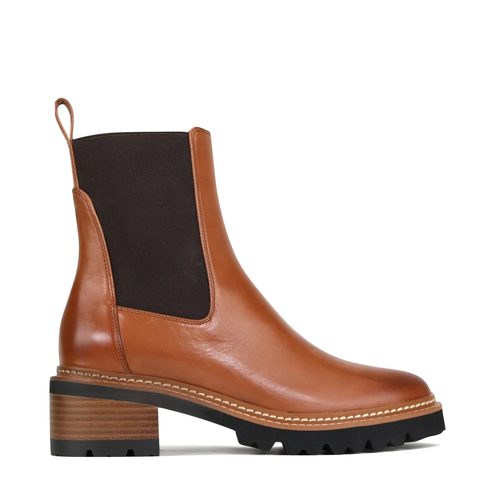 Side (right) view of EOS Footwear Linear Heeled Leather Pull On Chelsea Boot for women.