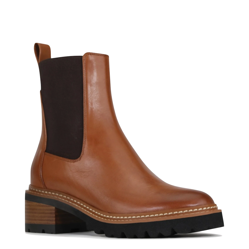 Mudguard and Toe view of EOS Footwear Linear Heeled Leather Pull On Chelsea Boot for women.