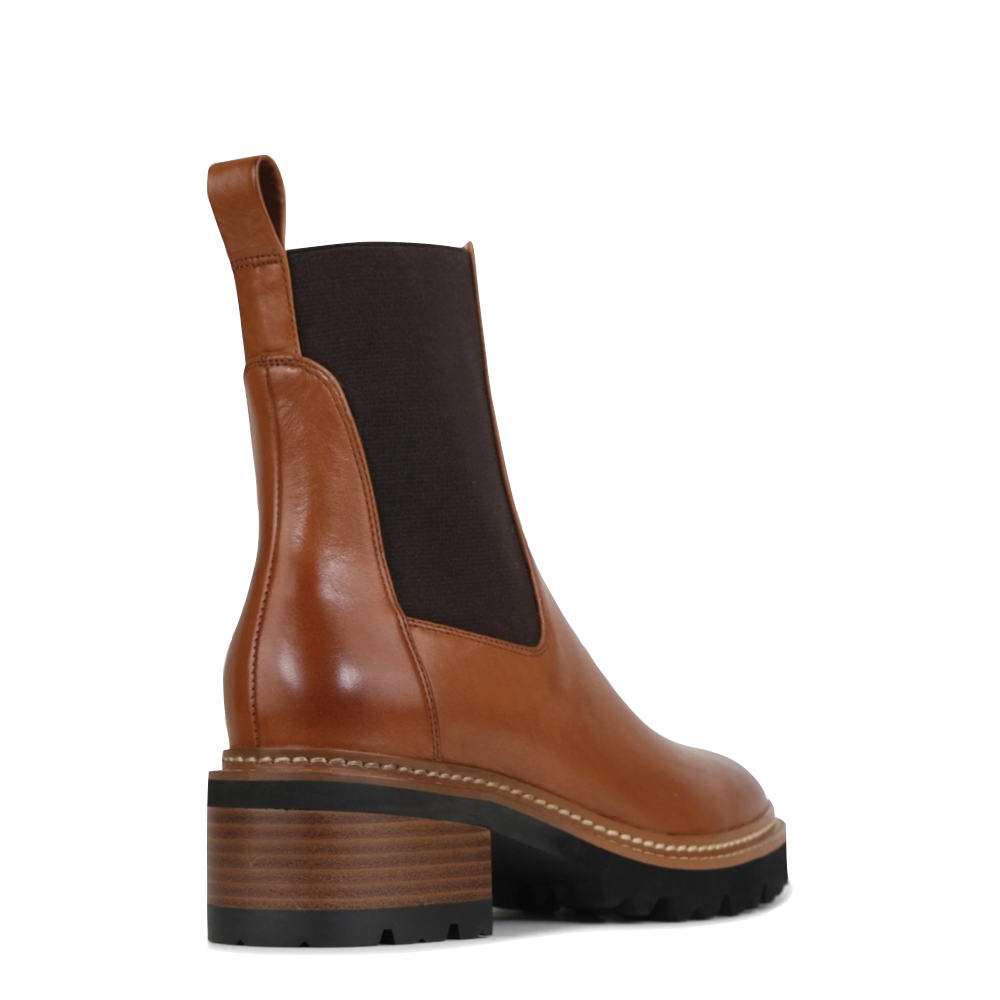 Heel view of EOS Footwear Linear Heeled Leather Pull On Chelsea Boot for women.