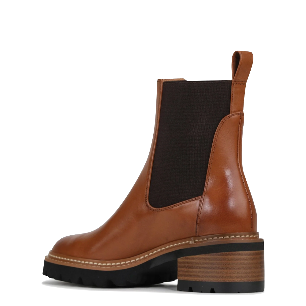 Heel view of EOS Footwear Linear Heeled Leather Pull On Chelsea Boot for women.