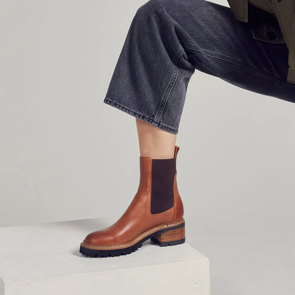 Model view of EOS Footwear Linear Heeled Leather Pull On Chelsea Boot for women.