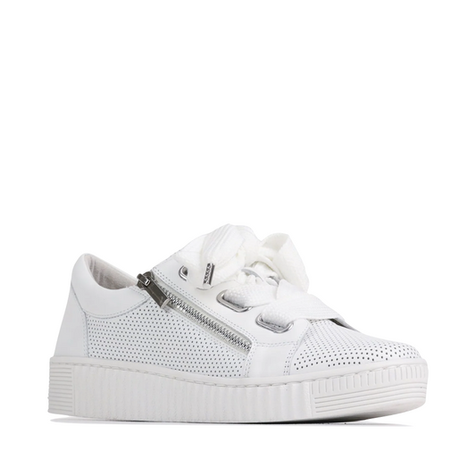 Mudguard and Toe view of EOS Jovi Luxe Perf Leather Tie Sneaker for women.