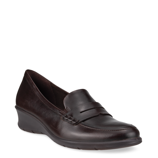 Ecco Women's Felicia Leather Penny Wedge Loafer Slip On in Potting Soil Brown