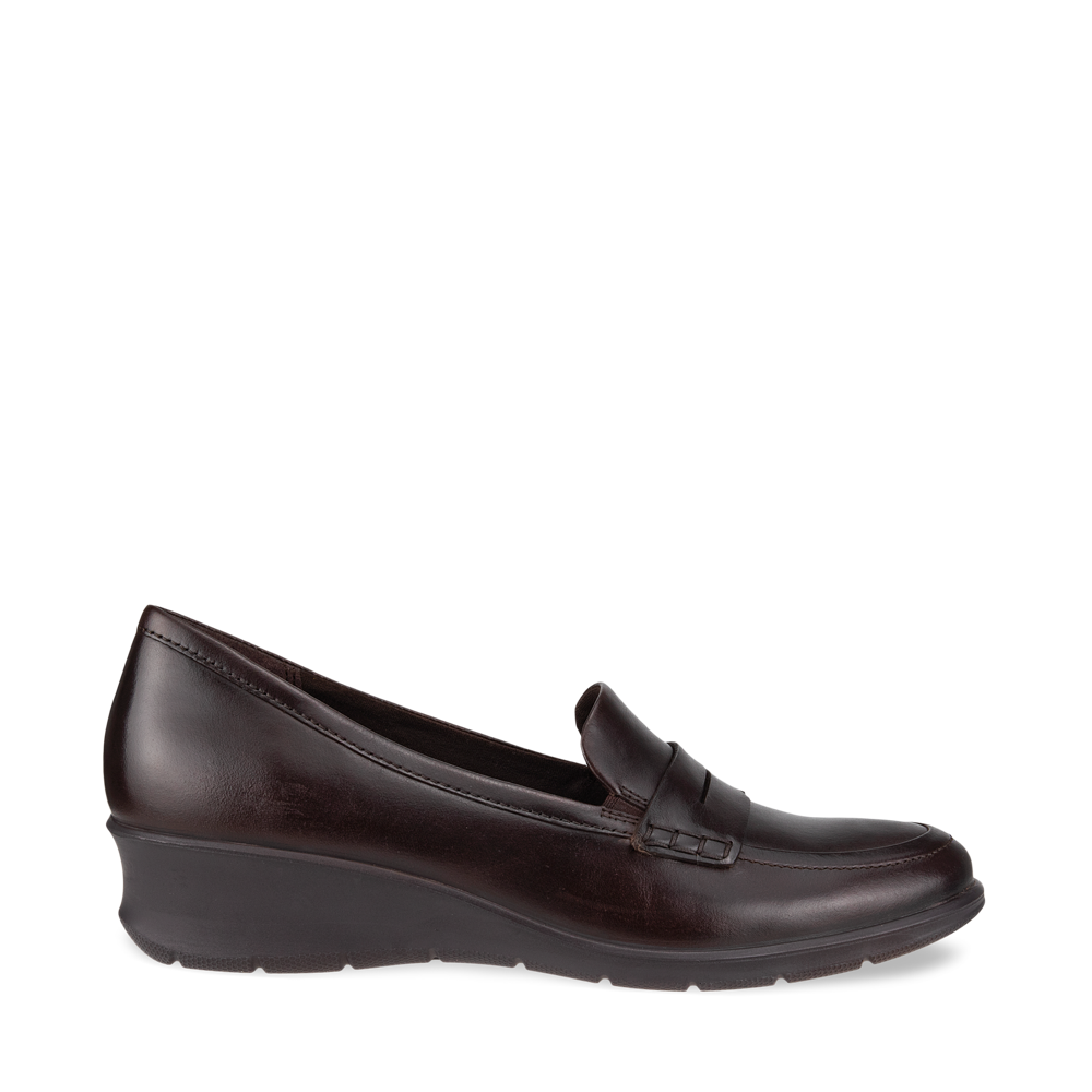 Ecco Women's Felicia Leather Penny Wedge Loafer Slip On in Potting Soil Brown