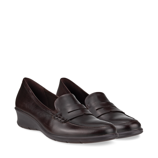 Ecco Women's Felicia Leather Penny Wedge Loafer Slip On in Potting Soil Brown