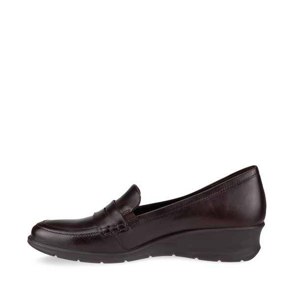 Ecco Women's Felicia Leather Penny Wedge Loafer Slip On in Potting Soil Brown