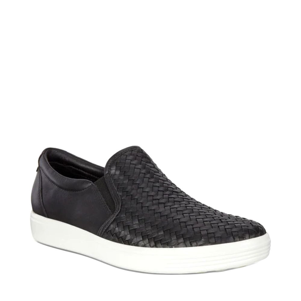 Mudguard and Toe view of Ecco Soft 7 Woven Leather Slip On 2.0 for women.